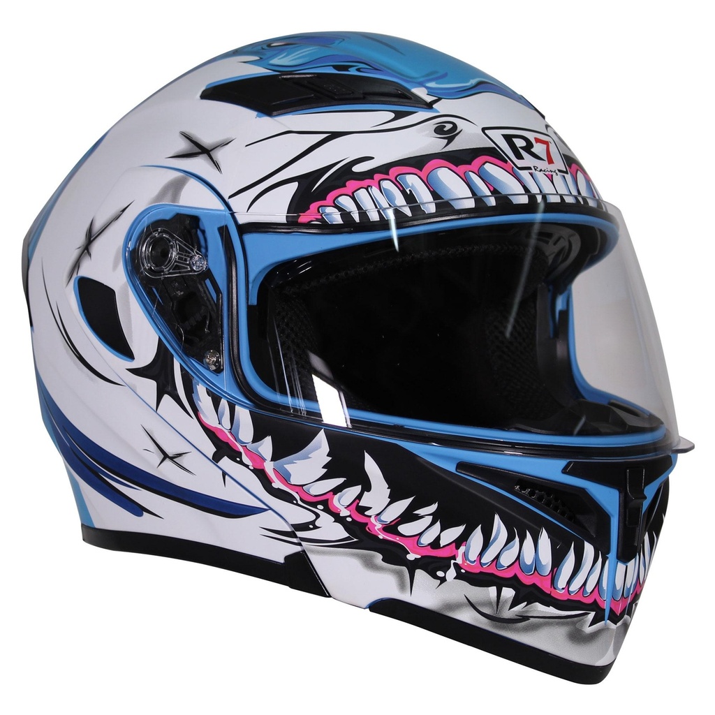 CASCO ABATIBLE R7 RACING UNSCARRED TIBURON DOBLE MICA DOT XL BCO/AZL/MATE